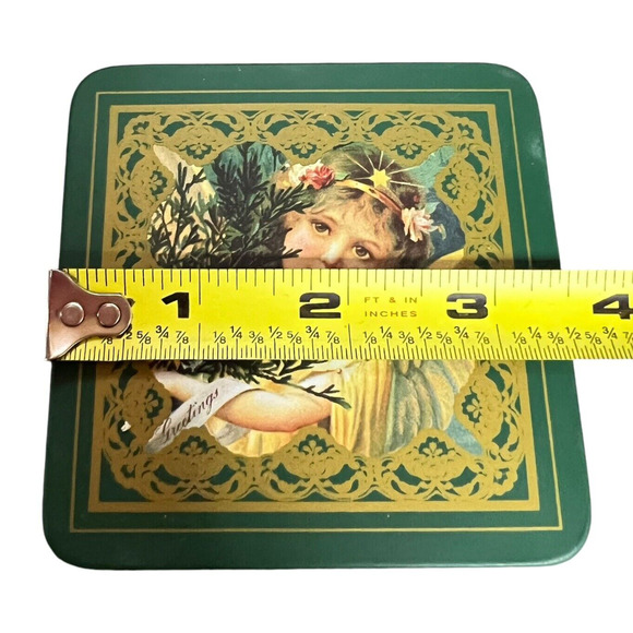 Vintage 1986 Enesco Christmas Greetings Angel Tin Box Cork Backed Coasters set - Picture 8 of 8